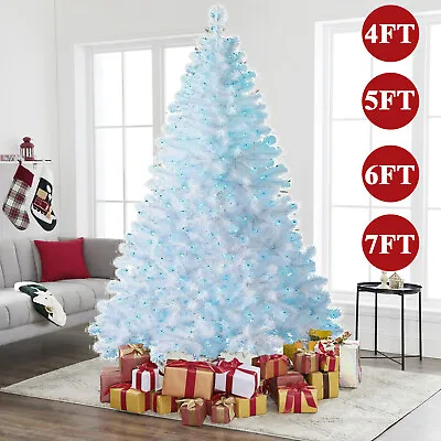 4/5/6/7ft White Christmas Tree With Blue LED Lights Metal Stand Bushy Pine Xmas • $50.99