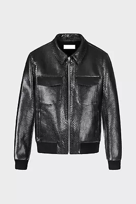 Mens Black Exotic Snake Texture Leather Python Bomber Jacket Front Zip Up Closer • $319.20