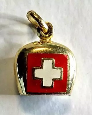 Vtg 750 18k Yellow Gold Red Enamel Cross Swiss Cow Bell Charm Pendant 1.9 Gms • $249