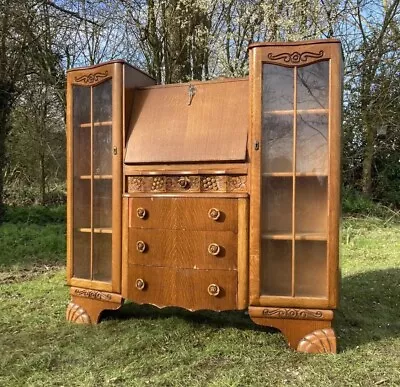 Vintage Side By Side Oak Veneer Bureau Glazed Bookcase Cockail Drinks Cabinet • £90