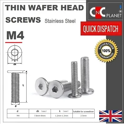 M4 Ultra Thin Wafer Flat Head Low Profile Screws Bolt Allen Key Stainless Steel • £2.95