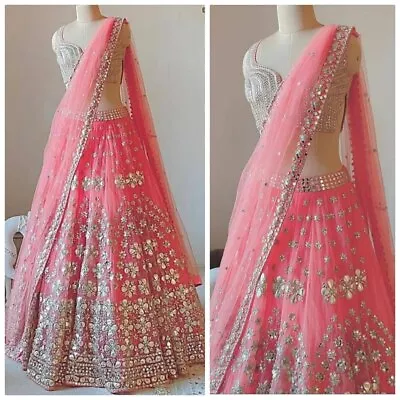 Pink Net Foil Mirrors Indian Party Wear Lehenga Lengha Choli Pakistani Skirt Top • $68