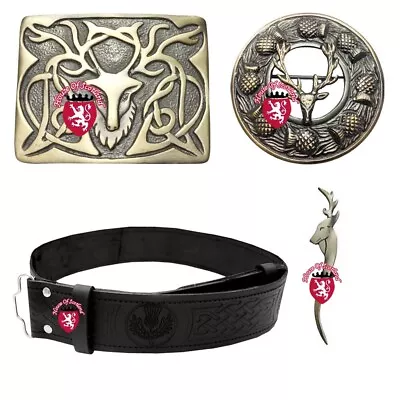 Men's Scottish Kilt Belt Buckle Thistle Embossed Highland Pin & Brooch Stag Head • £26.99