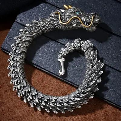 $1499 • Buy Features A Old Dragon Carved From 935 Argentium Silver Men's Stylish Bracelets