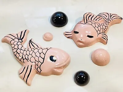 Vintage Ceramic Fish Koi & Bubble Wall Decor Hangings MCM Pink Black • $48.99