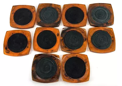 $29.99 • Buy Vintage MCM Lucite Coaster Set Of 10 Tortoise Shell Black Rope Coil Acrylic