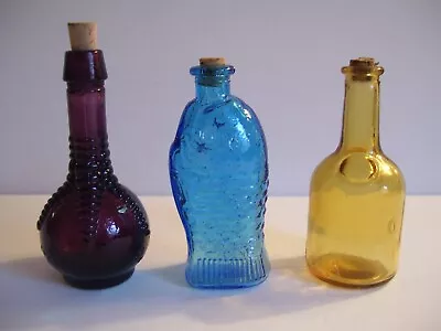 3 Vintage Glass Bottles Taiwan Wheaton Style Blue Fish Purple Ball/Claw & Gold • $14.99