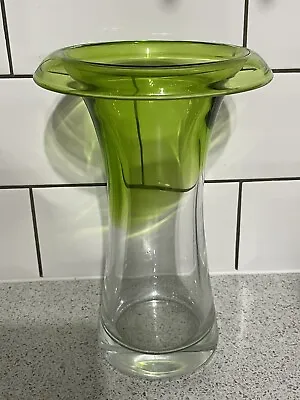 LARGE 23.75cm HIGH CLEAR TO GREEN ROLLED TOP DARTINGTON GLASS VASE • £35