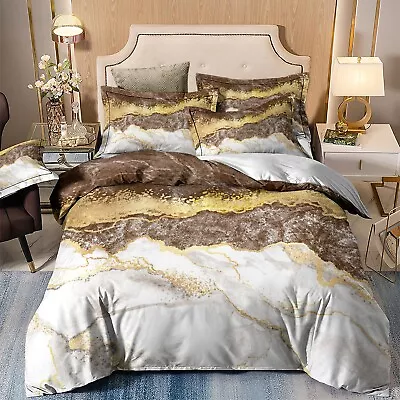Brown Marbled Floral Quilt Duvet Doona Cover Set Bed Pillowcase Queen King Size • £38.59