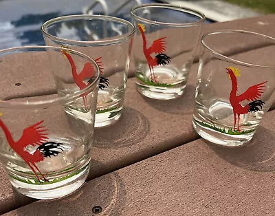 Vintage Federal Low Ball Red Crowing Rooster Glasses - Set Of 4 (tiny Rim Chip) • $40