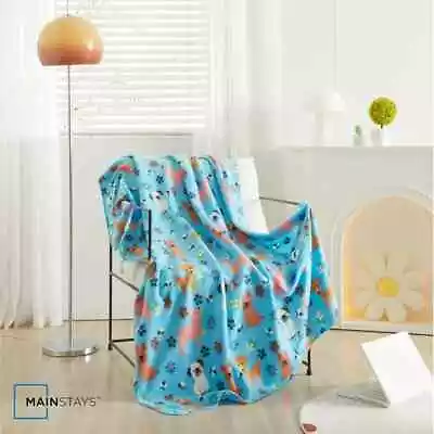 Mainstays Blue Fleece Bedroom Blanket Spring Day Dogs & Flowers Print 50  X 60  • $13.22