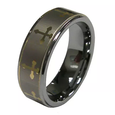 Men's 8mm Tungsten Carbide Gold Tone Cross Ring Size 9 10 11 12 • $14.95