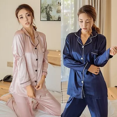 2Pcs Ladies Faux Silk Sleepwear Satin Long Sleeve Tops+Pants Pyjamas Set • $26.99