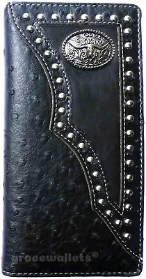 Longhorn Men Wallet Western Bifold Check Book Style W011-14 Ostrich Black • $12.99