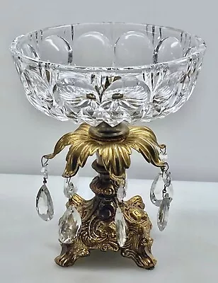 VTG Hollywood Regency Spelter Metal Pedestal Candy Dish ~ Crystal Bowl  7 Prisms • $42.88