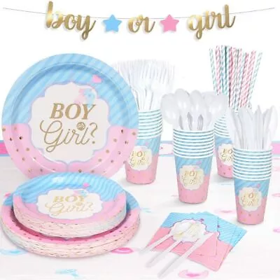 Gender Reveal Baby Shower Paper Plates Cutlery Set Party Tableware Paper Cups • £4.40