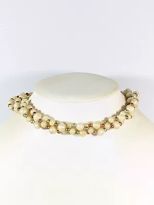 Vintage Gold Tone Ivory Color Twist Acrylic Bead Necklace 17 Inch • $8.74