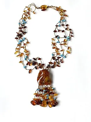 Vintage Amber & Turquoise Beads W/ Chunky Dangle Pendant Multi Strand Necklace • $35