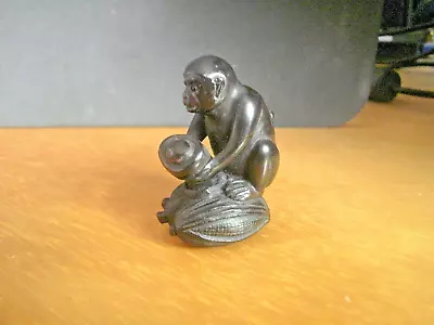 Hand Carved Wood Netsuke Monkey On Corn With Gold  Ironwood  Over 30 Years Old • £29.99