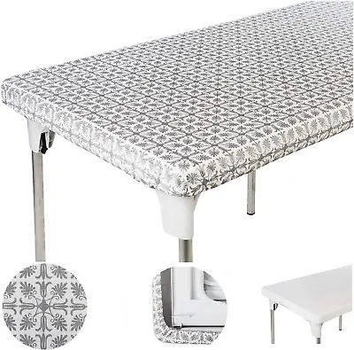 Plastic Vinyl Tablecloth Silver Patterned 4Ft 48 X 24 Inch Elastic Tablecloth Re • $24.97