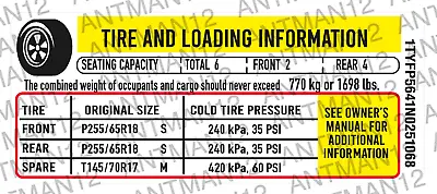 GM CHEVROLET FORD CHRYSLER TIRE LOADING INFORMATION VIN# Number DECAL Label 3M • $39.99