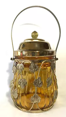 Vinage Schmid Amber Glass Jar Leaves Overlay Musical Lid Cookie Jar & Handle 8  • $39.99