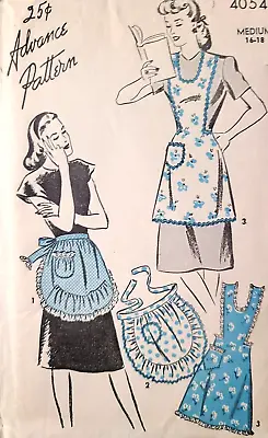 1940s Vtg Advance Sewing Pattern 4054 Full Half Apron Kitchen Cook Medium 16-18 • $6.99