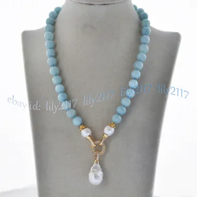 Natural Blue Aquamarine Gems Beaded White Keshi Baroque Pearl Pendant Necklace • $12.15