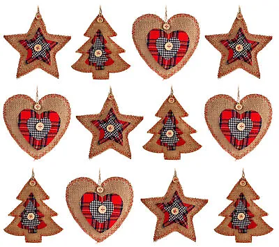 Tartan Jute Christmas Tree Baubles Decorations - Set Of 12 - Country Rustic • £16.99