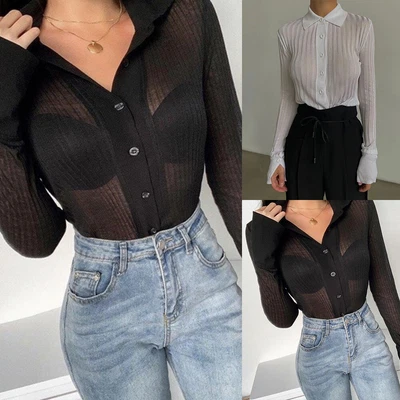 £14.19 • Buy Womens Sexy Sheer Mesh V-Neck Tops See Through Casual Blouse T Shirt Clubwear 12
