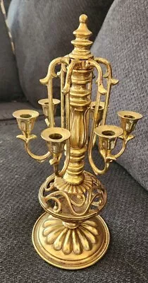 Vintage 11 1/2  Six Light Ornate Brass Metal Tabletop Candelabra Candleholder • $39.99