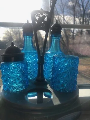 Vintage Rare Blue Daisy & Button Condiment Caddy Art Glass (As Is) • $149.99