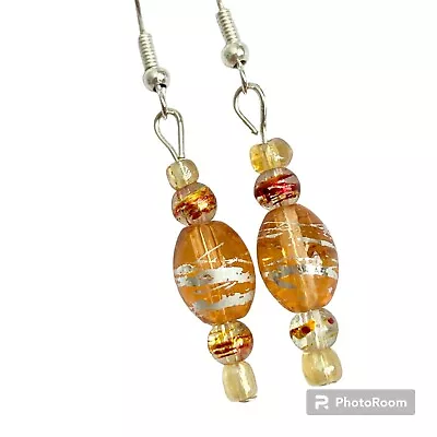 Peach Orange Murano Art Glass Earrings Bead Hand Painted Round Silver Plated • $9.99