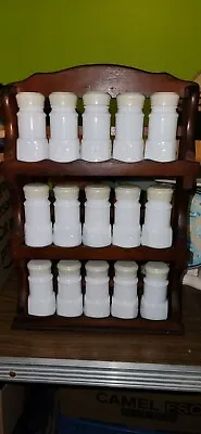 Vintage Wooden Spice Rack And 15 Milk Glass Containers 1970s One With A Blemish  • $45