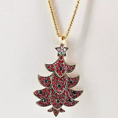 Vintage Style Ornate Jeweled Red Rhinestone Christmas Tree W Star Necklace New • $30.80