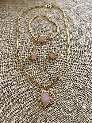 LIND 14K GE  Natural Rose Quartz 3pc Set Necklace Clip Earrings & Bracelet • $39