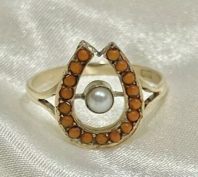 Stunning Victorian Coral Cabochon Pearl Antique Horseshoe Gold 9ct 9k Ring • £305