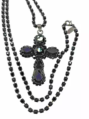 Vintage Miriam Haskell Black Rhinestone Cross Pendant Necklace Signed Gothic 32  • £40.18