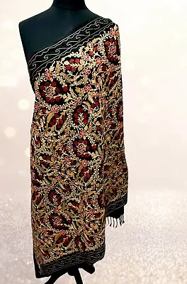 Luxurious Kashmiri Silk Embroidery Shawl Scarf Wrap Stole Hijab Fine Wool Black • £20