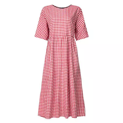 Women Short Sleeve Check Dress Long Maxi Casual Loose Plaid Shirt Dresses Kaftan • £9.77