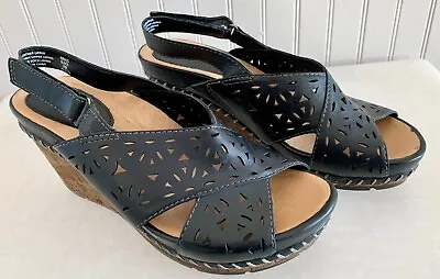 EARTH Aries Leather Slingback Sandals Wedge Cork Black Womens 7B • $15