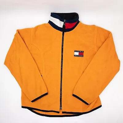 Vintage Tommy Hilfiger Athletic Men's S Orange Fleece Jacket Flag Patch • $29.95