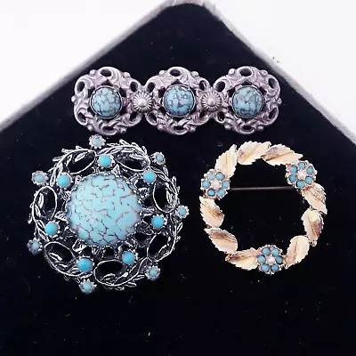 VINTAGE JOB LOT 3X SIGNED GLASS TURQUOISE DECORATIVE WREATH BAR Etc PIN BROOCH • £0.99