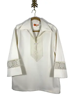 VTG 70s Iolani Hawaii Mens Tunic Styled Shirt Polyester White Sz L • $40