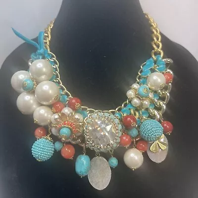 Chunky Runway Statement Necklace HUGE Rhinestone Faux Pearl Turquoise Dangles • $32.95
