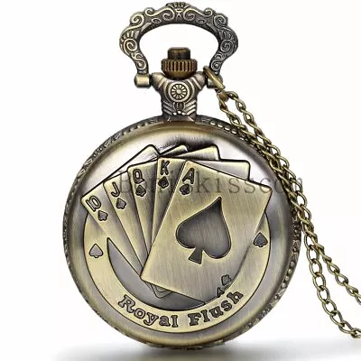 Men's Vintage Royal Flush Playing Poker Cards Quartz Pocket Watch Chain Necklace • $8.99