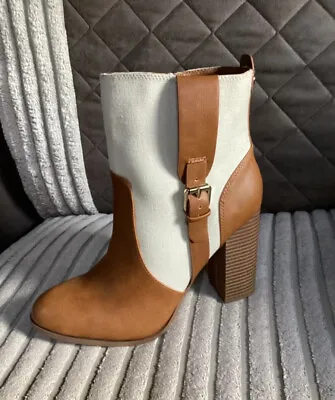 Womens Ladies Tan Beige Faux Leather High Heel Shoes Ankle Boots Size UK 7 New • £24.99