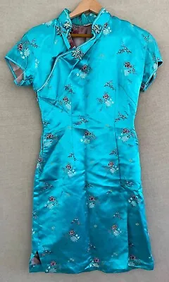 Vintage Chinese Style Floral Dress 40 Made In Hong Kong Turquoise Excellent • $31.85