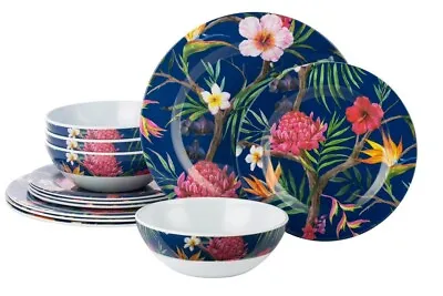 12-Piece Dinner Set Tropical Printed Colourful Melamine For Outdoor Dining & BBQ • £36.99