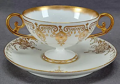 Limoges Beaded Gold Floral Scrollwork Pedestal Sherbet Cup & Saucer C. 1890s • $85